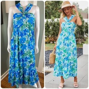 Grace Karin Floral Halter Maxi Dress Blue Green Medium M Sundress Sleeveless